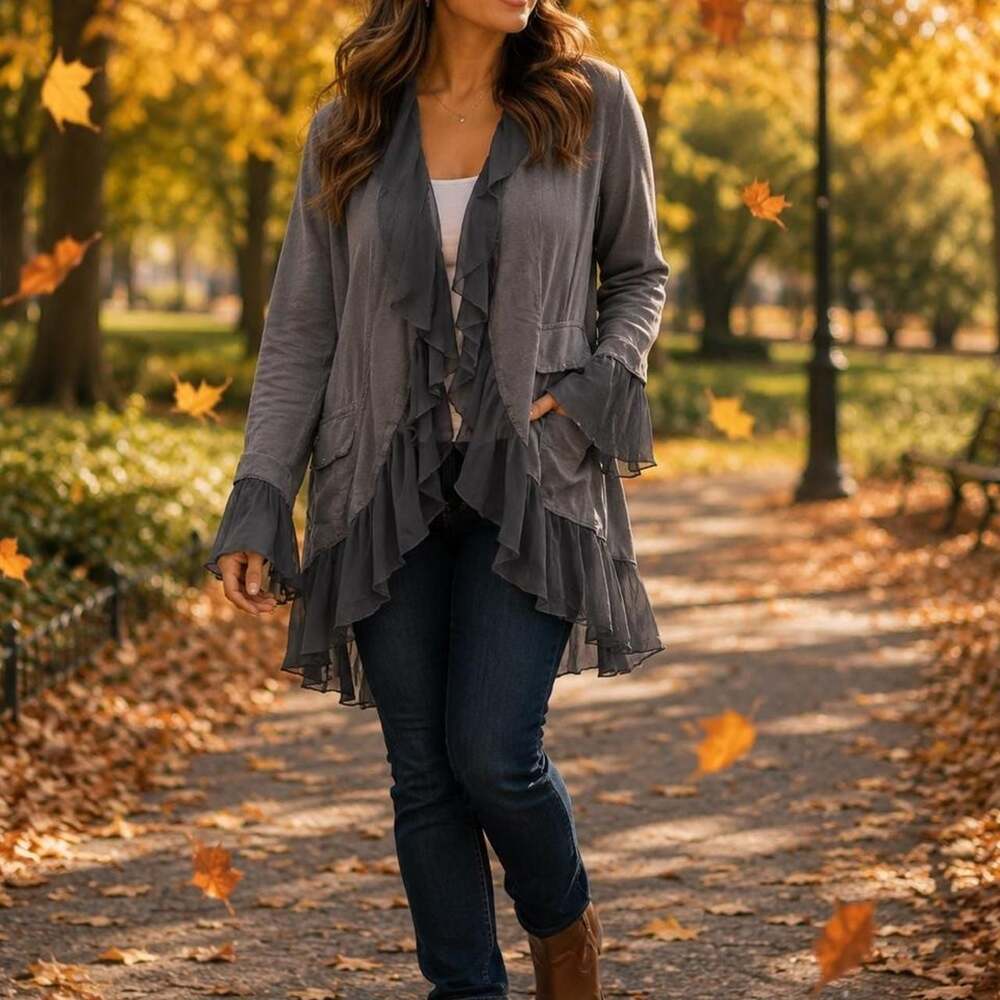 Baci Italian Charcoal Grey Ruffle Open Front Jacket
